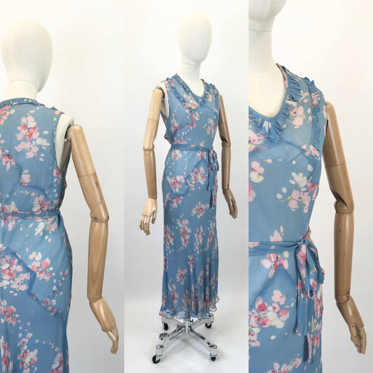 Original 1930's Exquisite Floral Chiffon Gown with Ruffles - In Powder Blue, Blush, Navy and Buttercup Yellow