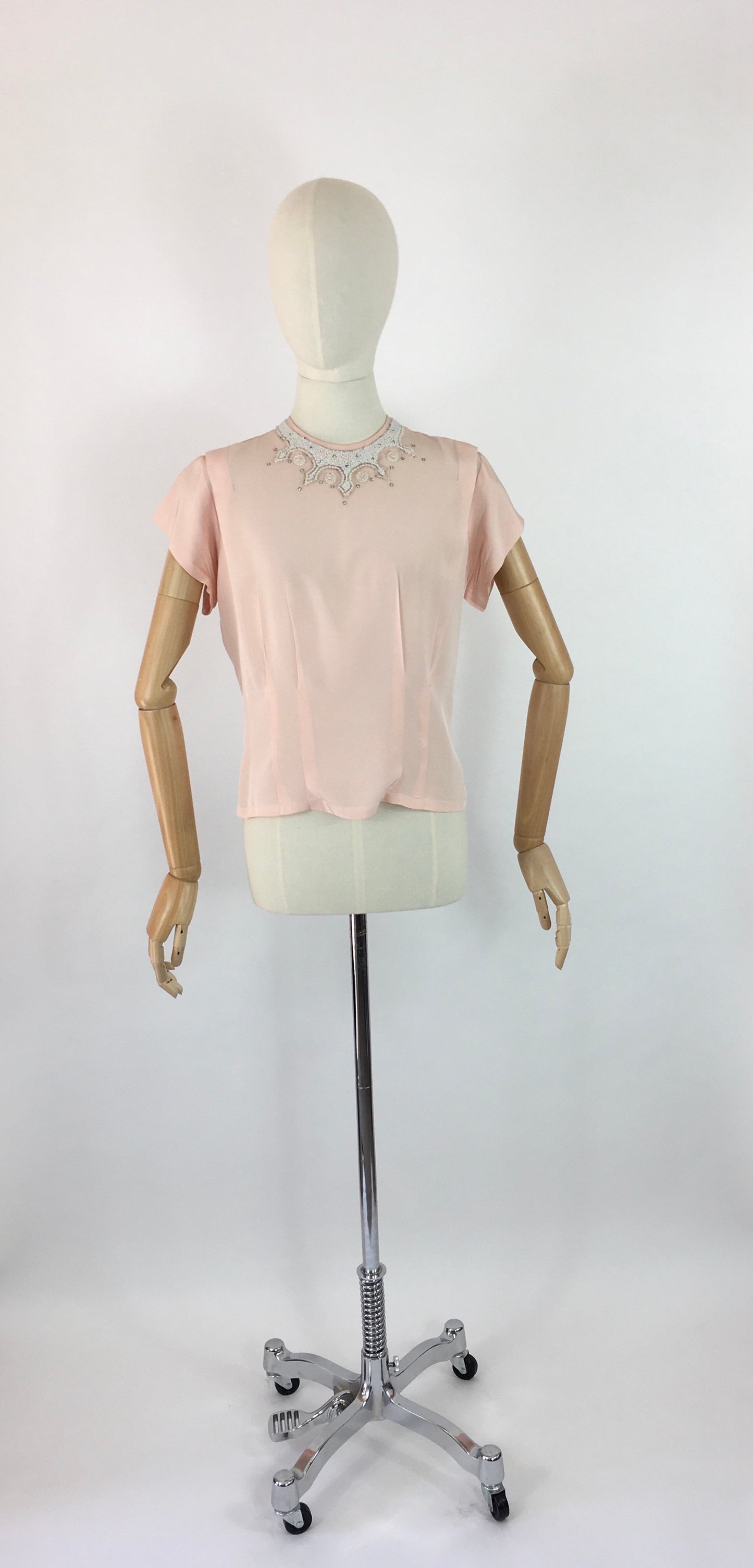 Original 1940s Soft Pink Blouse - With Beautiful Beaded Yoke Detailing