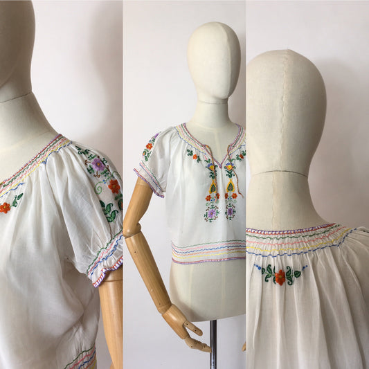 Original 1940’s Embroidered Blouse - Featuring Beautiful Embroidered Detailing in Rainbow Colours