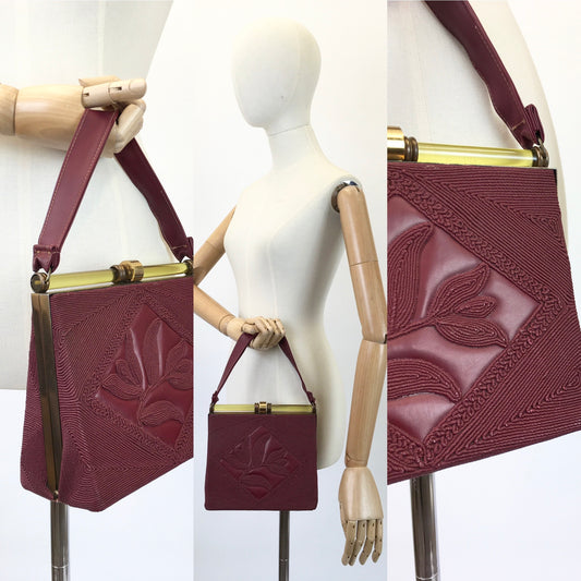 Original 1940's Sensational Vinyl Embossed Corde Handbag - In A Rich Burgundy