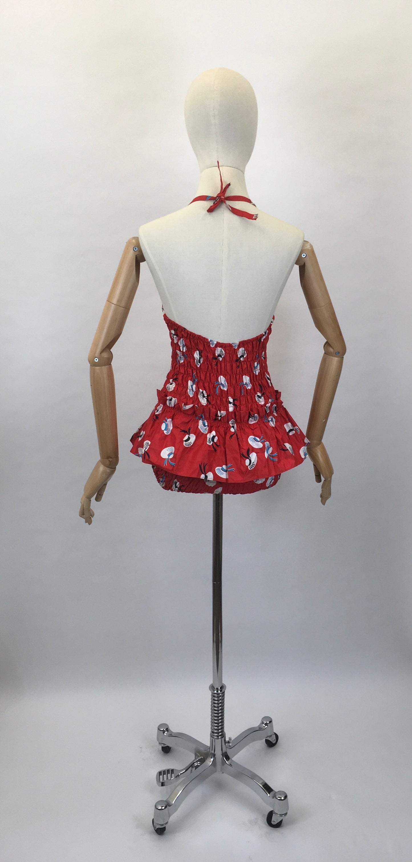 Original 1950s early 1960’s Deadstock ‘ Aquapoise’ Novelty Swimsuit - In a Fabulous Hat Print on Lipstick Red Cotton