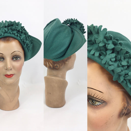 Original 1940’s Stunning Felt Hat with Floral Trails - In A Soft Eau De Nil Green