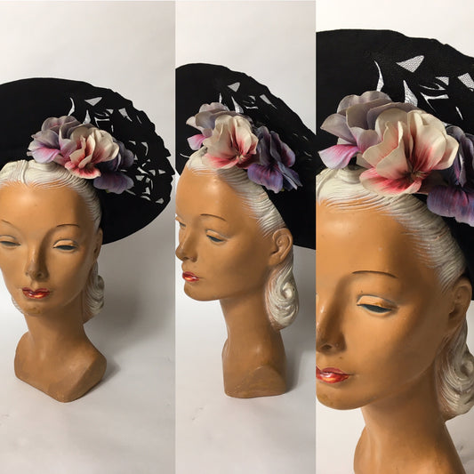 Original 1940’s Black Halo Hat - Illusion cutwork detailing and Floral Adornment