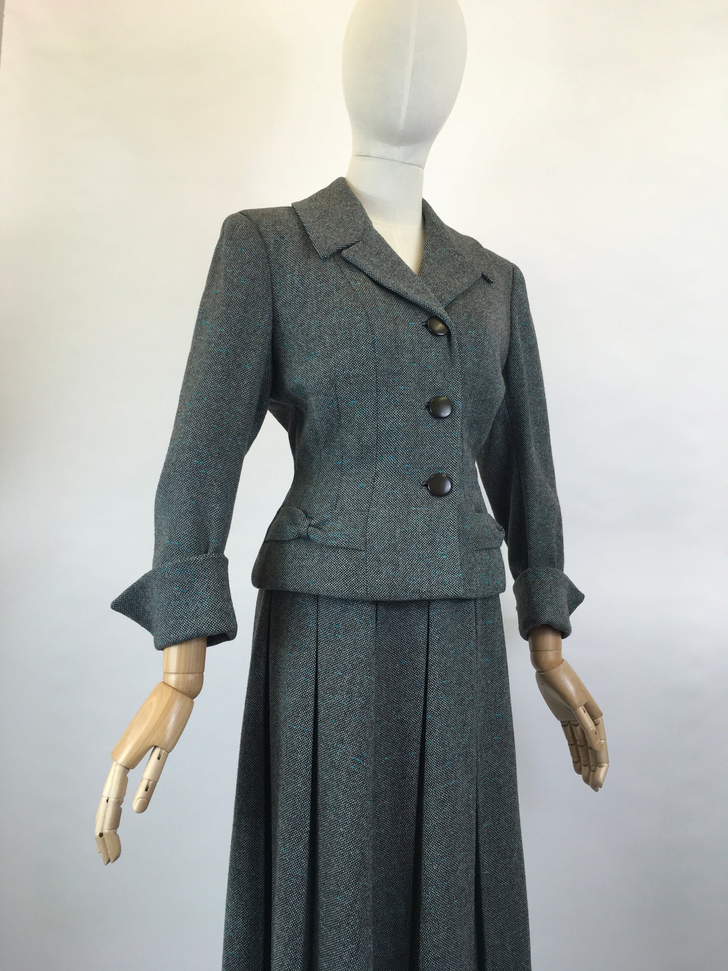 Original late 1940’s 2pc Woollen Suit by ‘ Harella’ - Grey Toned with a Bright Teal Fleck