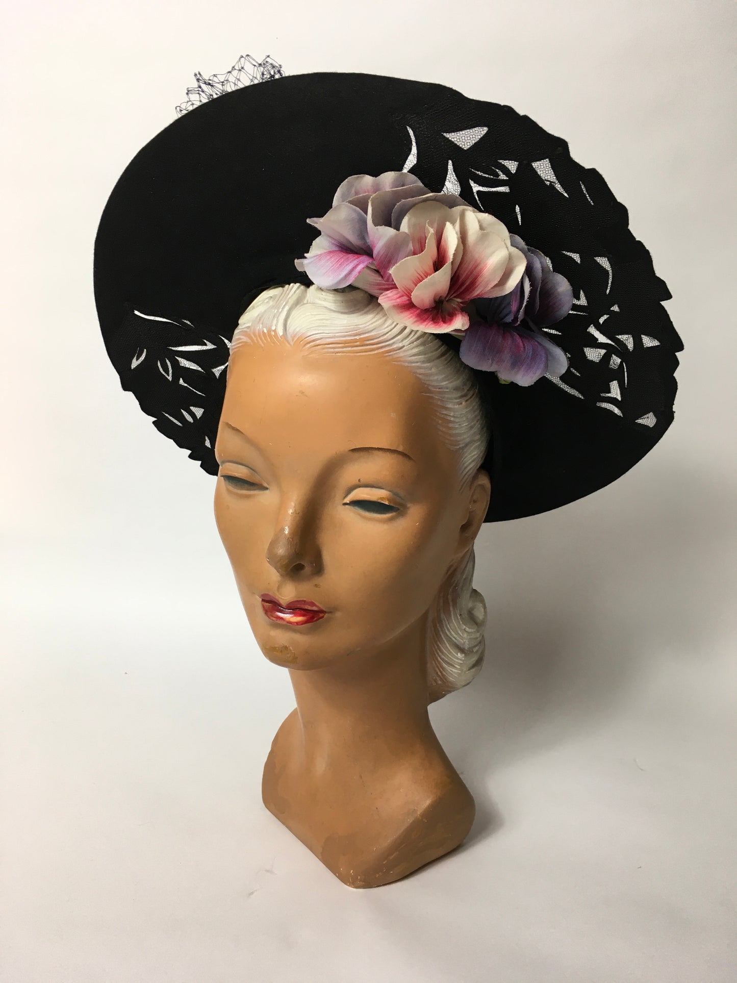 Original 1940’s Black Halo Hat - Illusion cutwork detailing and Floral Adornment