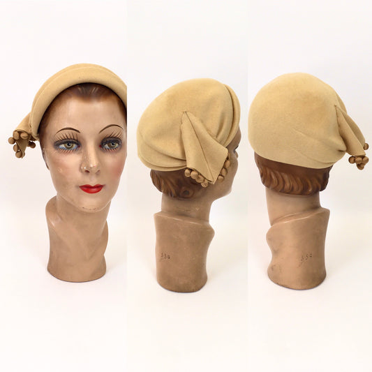 Original Late 1940’s Early 1950’s Felt Headpiece - In Light Mustard