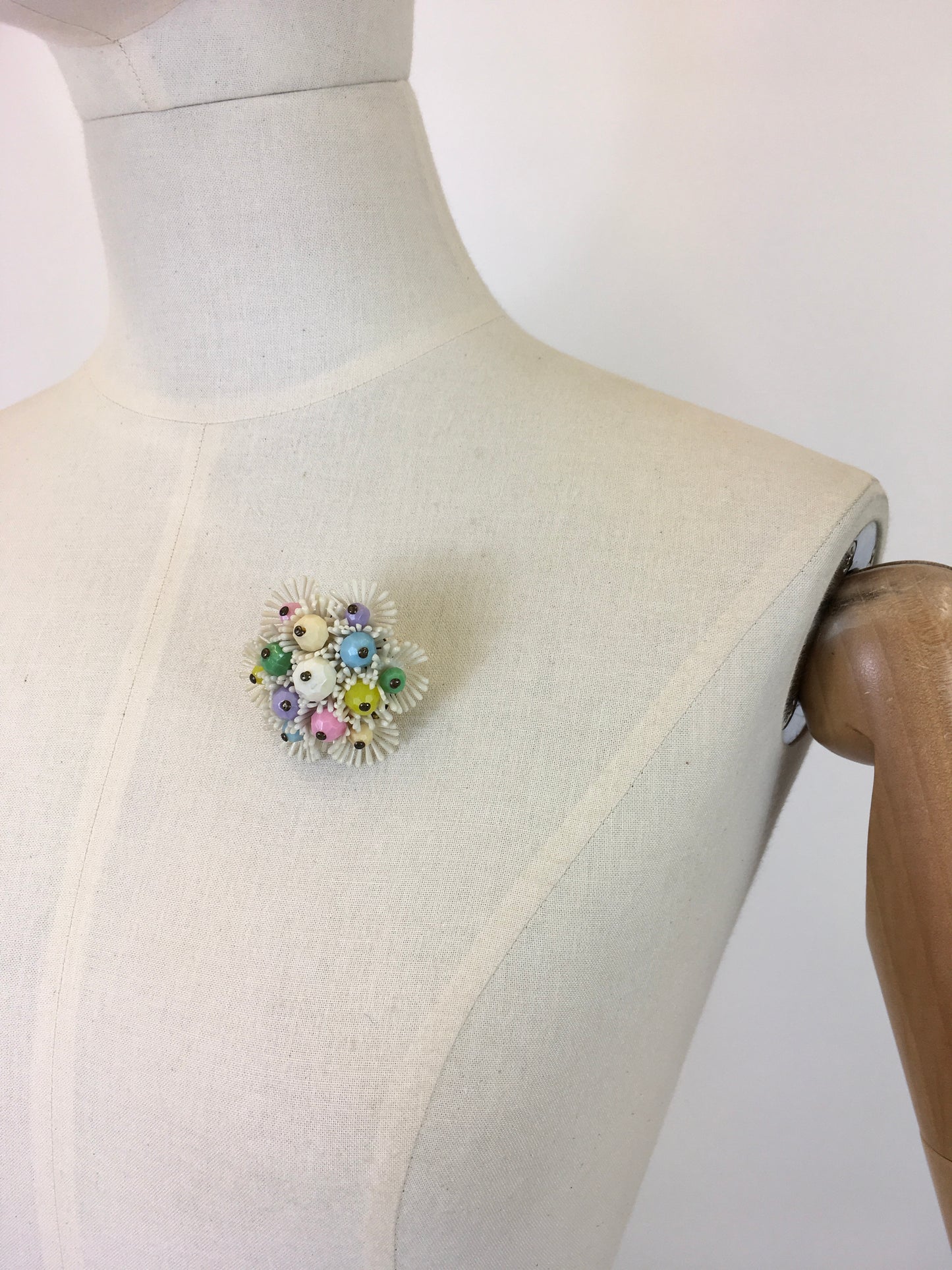 Original 1950’s Plastic and Beaded Brooch - In Pastel Pops of Pink, Green, Purple, Blue and White