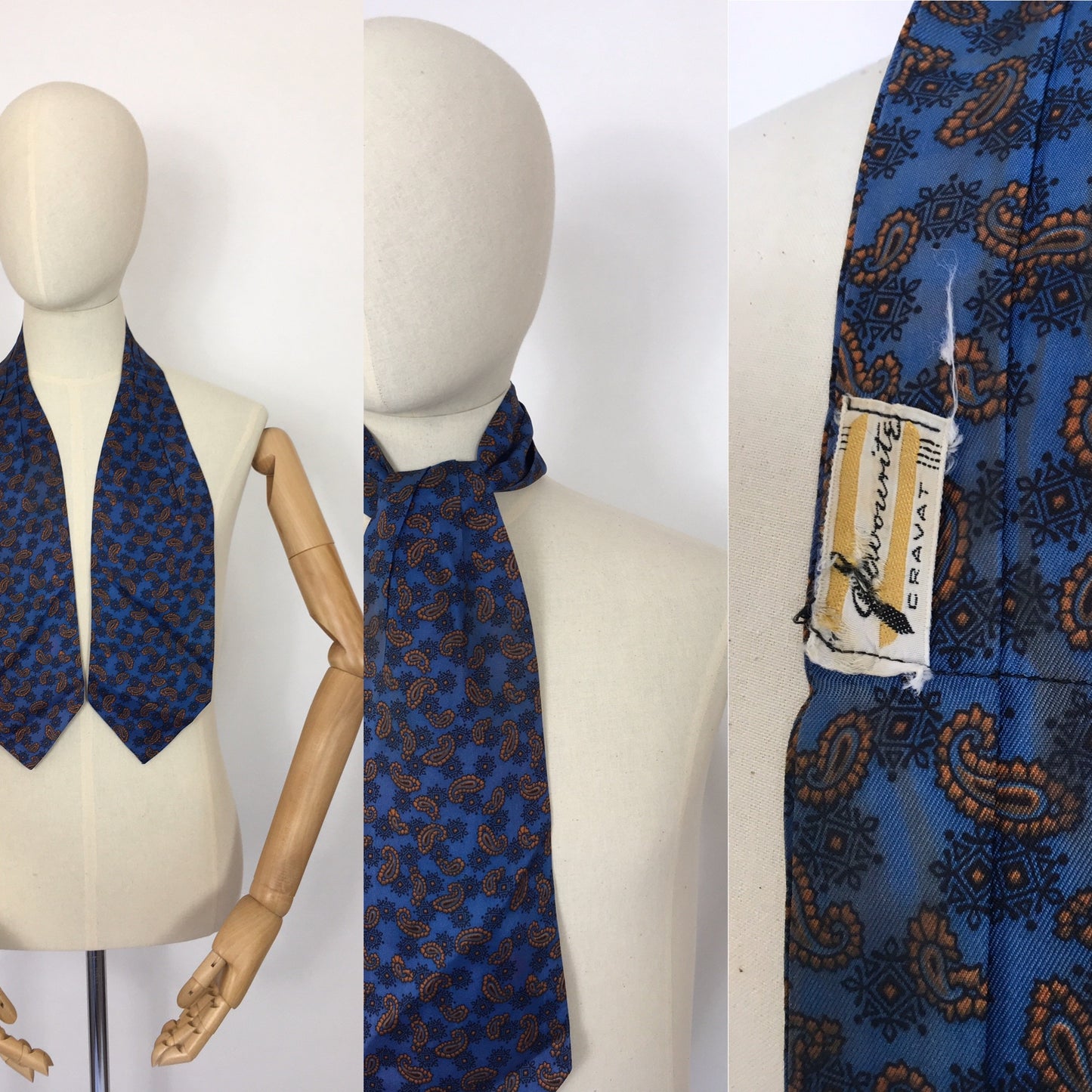 Original late 1950s Mens Silk Cravat - In a Very Fun Blue and Orange Paisley Print