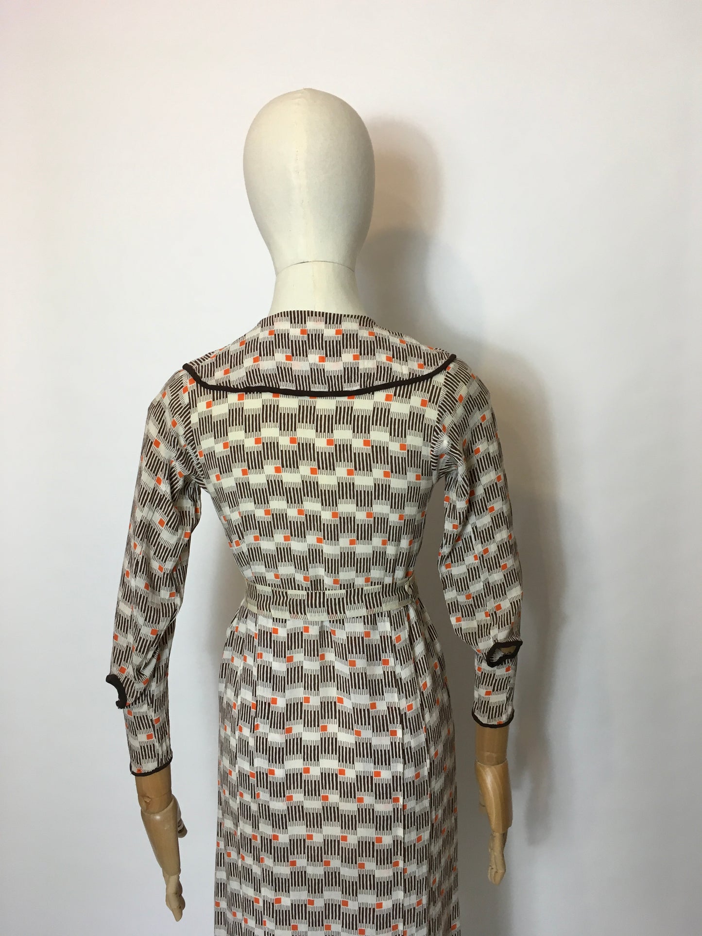Original 1930’s Day Dress in an Amazing Geometric / Cigarette Print Dress in Browns, old Creams and deco Oranges - Festival Of Vintage Fashion Show Exclusive