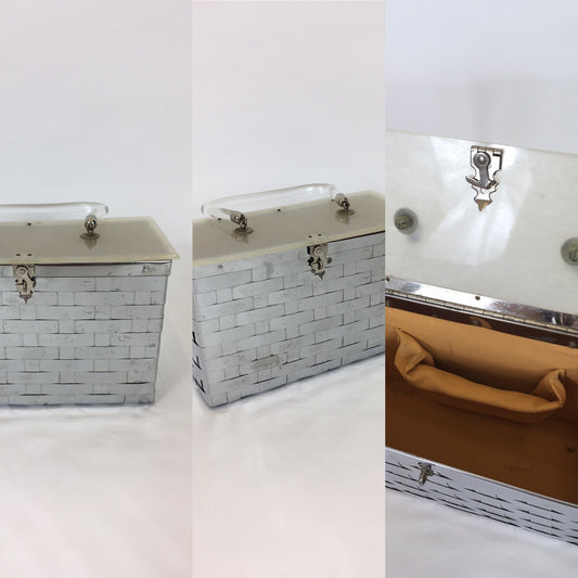 Original 1950’s Metal Lattice Work Box Bag - With Lucite Lid and Handle