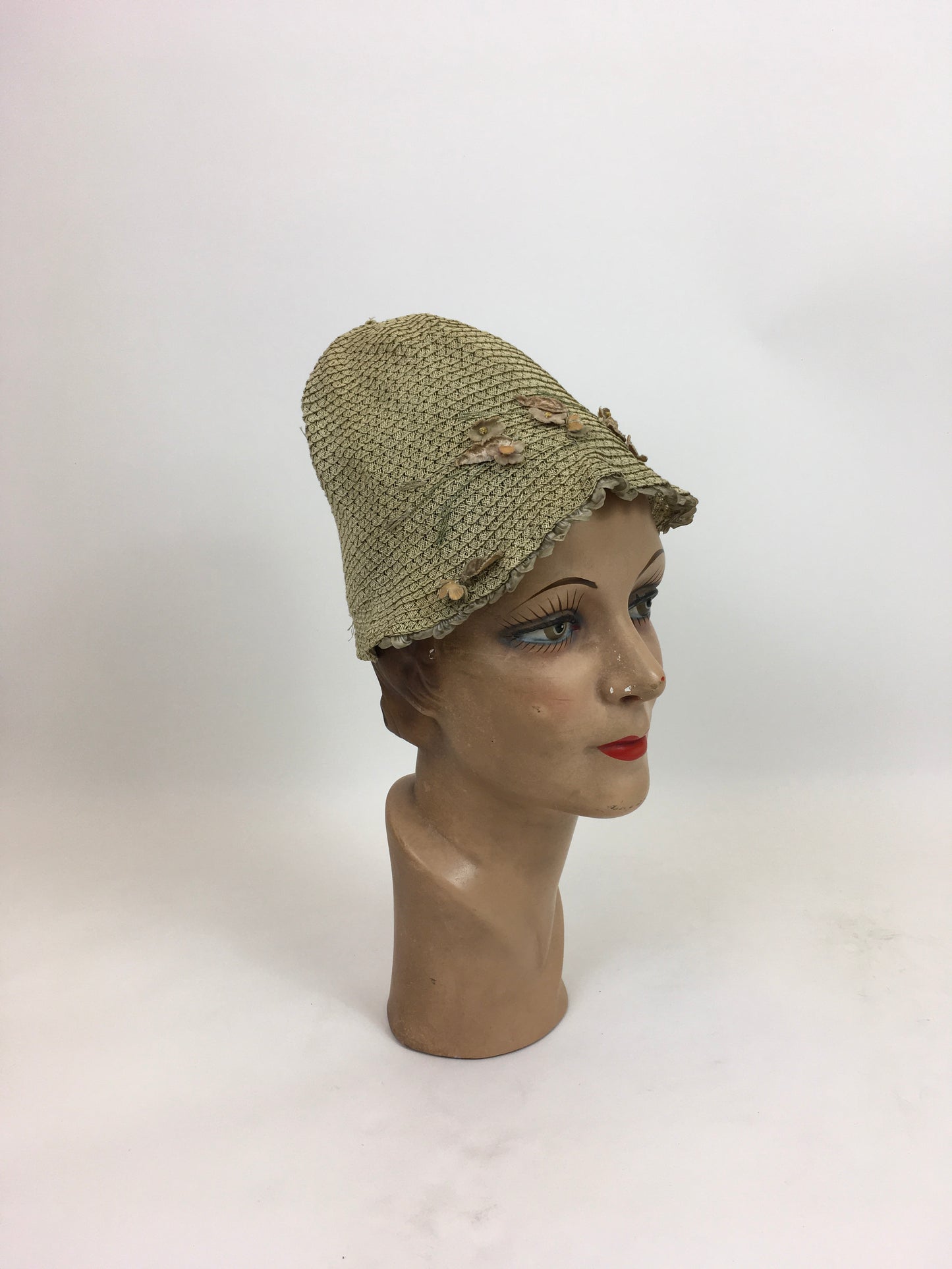Original 1920's Darling Fabric Cloche Hat by ' Migola Reg'd' - With Dainty Velvet Floral Trims