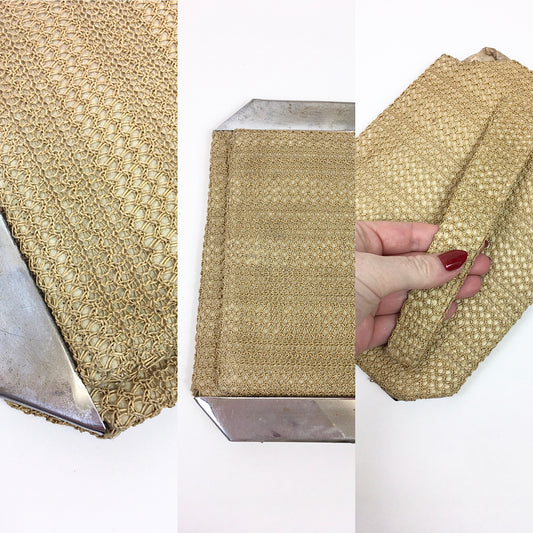 Original 1920's / 1930's Fabulous Summer Clutch Bag - In A Natural Straw Weave with Silver Plate Side Panels