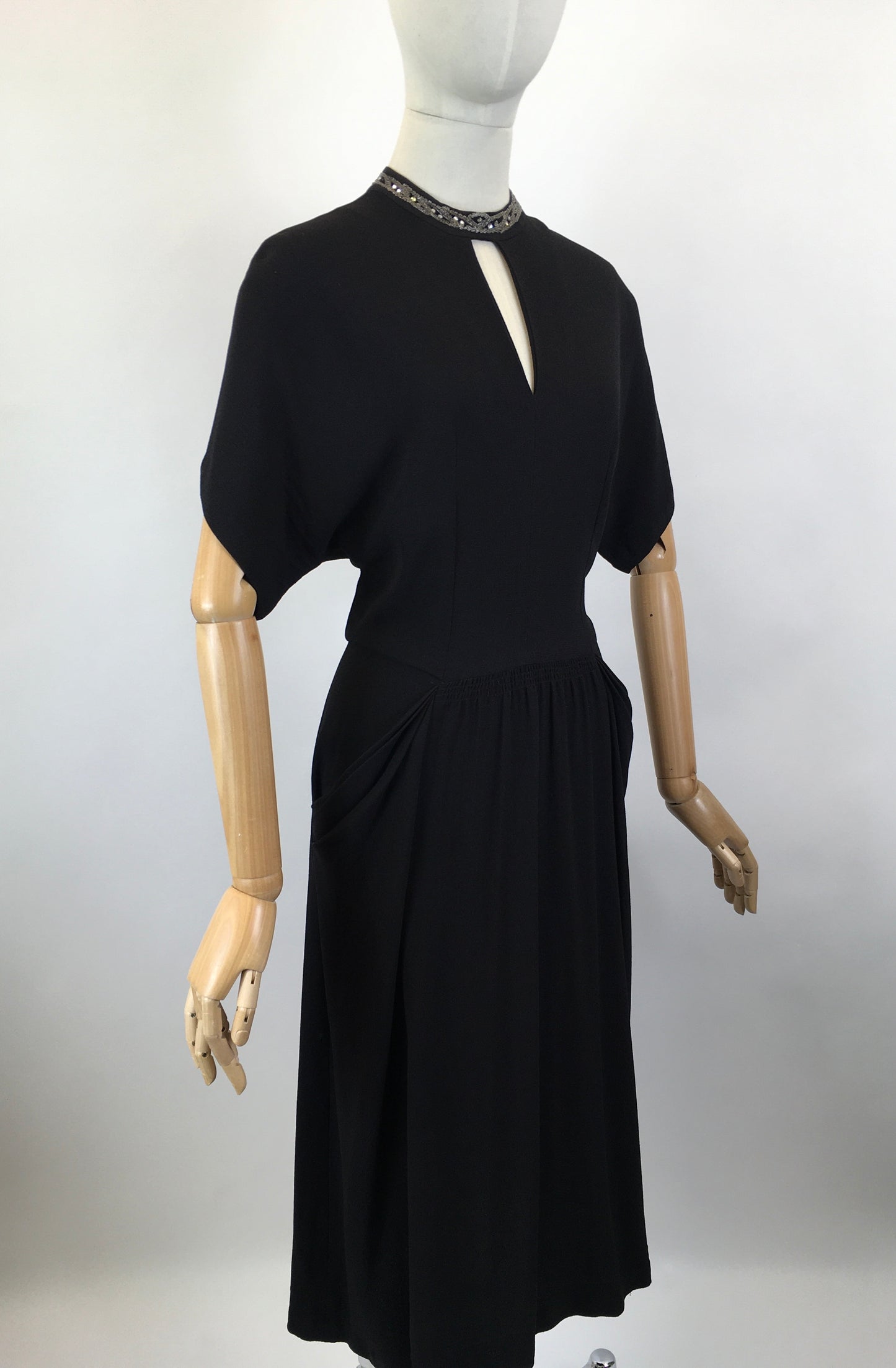 Original 1940’s CC41 Utility Black Crepe Dress - With Keyhole Neckline and Beadwork