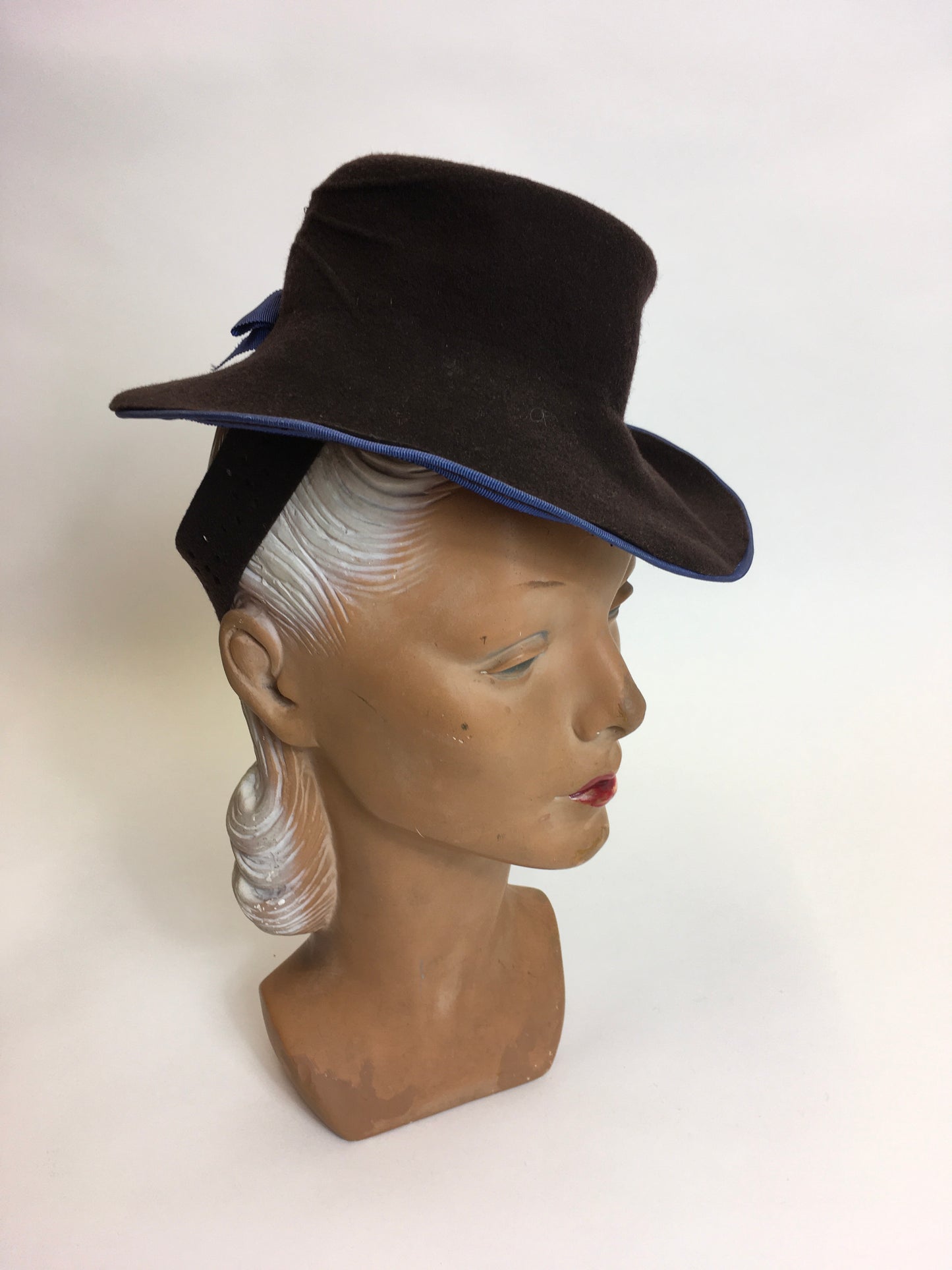 Original 1940’s Brown Felt Topper Hat - Adorned With A Powder Blue Bow
