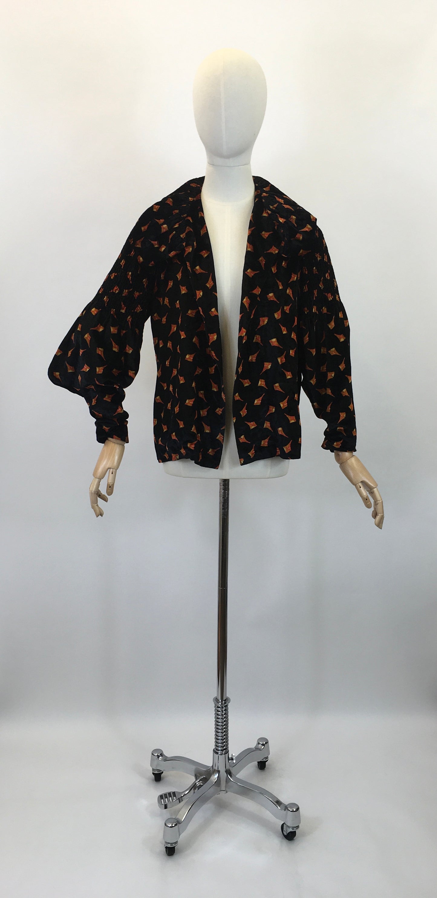 Original Late 1920's Early 1930's Stunning Silk Velvet Jacket - In An Art Deco Print in Burnt Orange And Old Gold