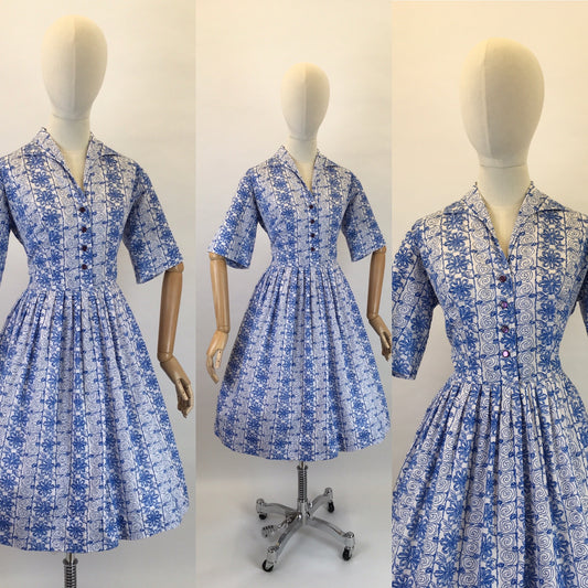 Original 1950s Cotton Day Dress - In a Lovely Cobalt Blue and White Scribble Fabric