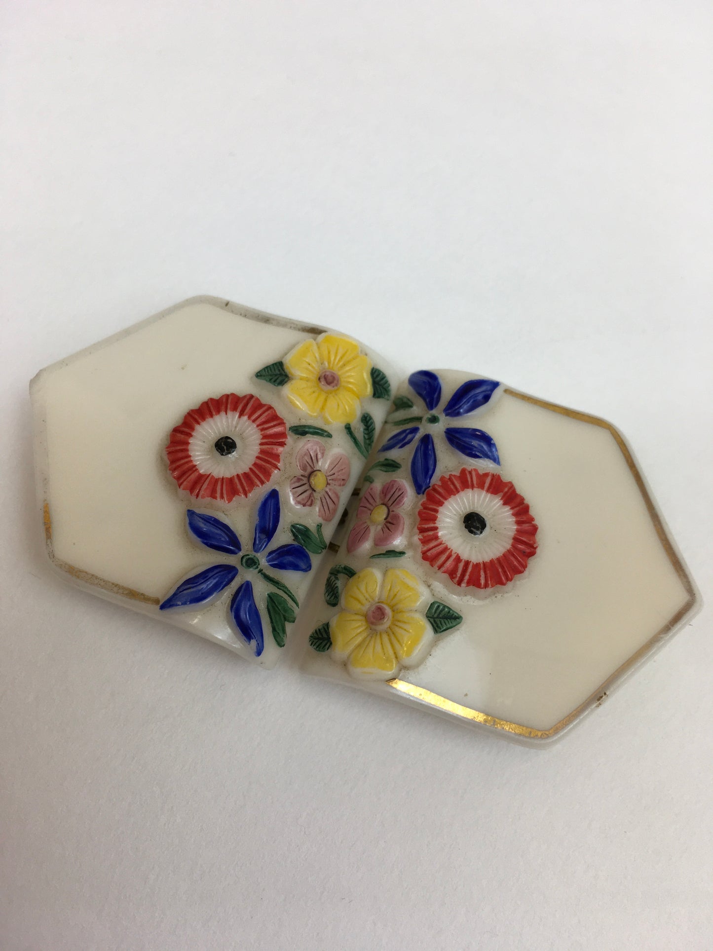 Original 1930’s Beautiful Milk Glass Buckle - With Florals in Brights and Faded Gilding