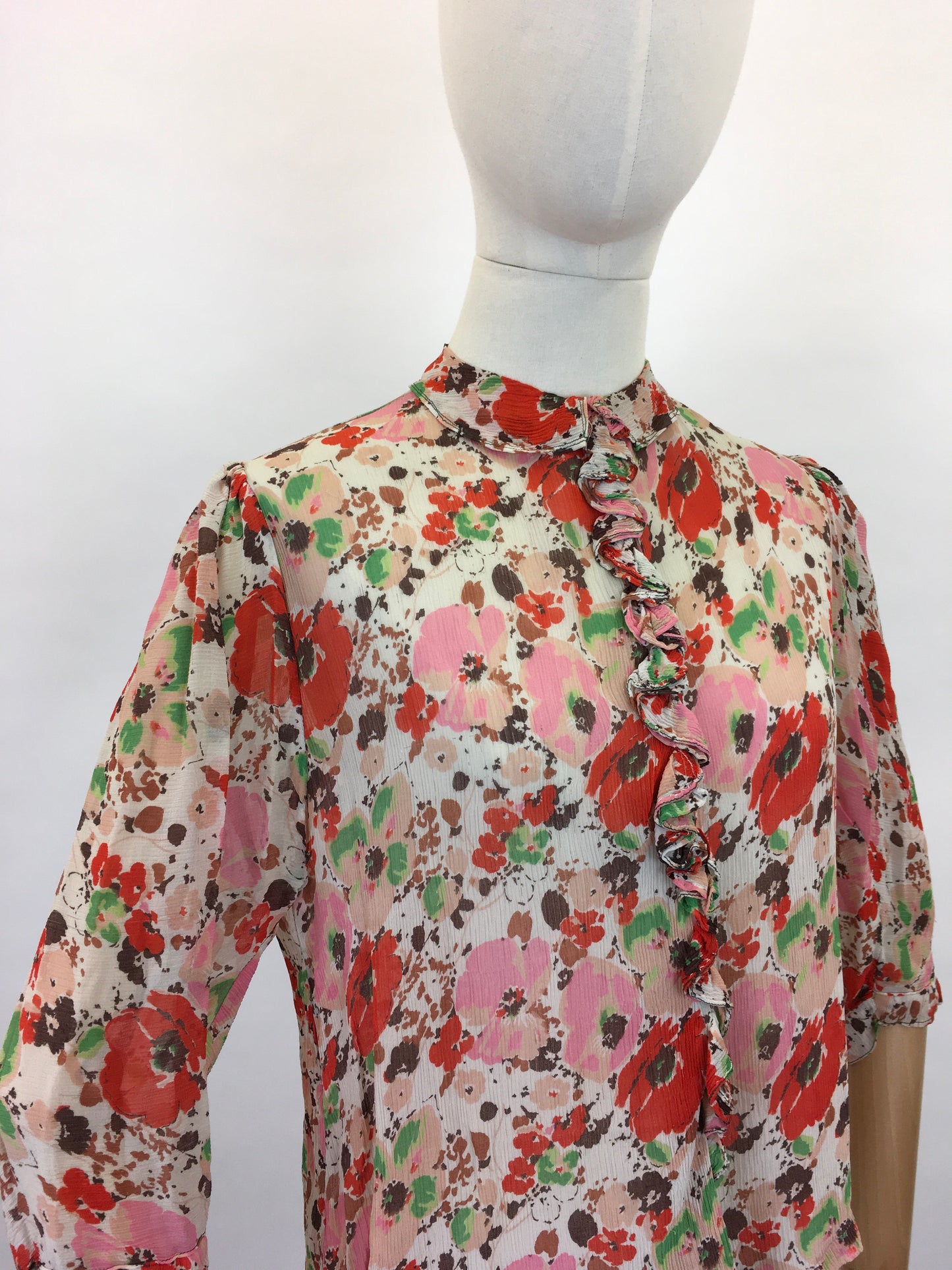Original 1930s Floral Chiffon Blouse - Exquisite Colour Pallet Of An English Floral Meadow