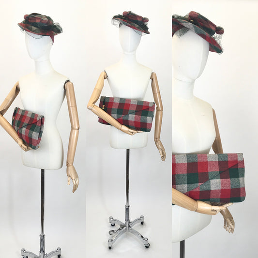 Original 1940's Stunning 2pc Hat and Clutch Bag Set - In A Divine Red, Green & Grey Wool Plaid