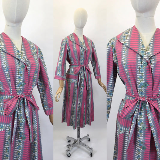 Original 1950’s Pretty Cotton Day Dress - In Bright Pinks, Blues & Greys