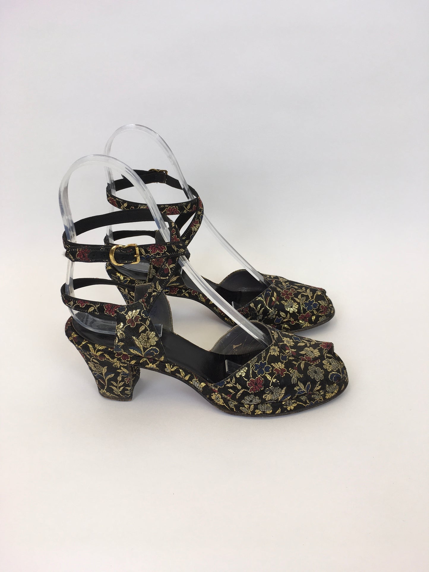 Original 1940s Heeled Sandals In A Beautiful Floral Brocade - Made by The Fabulous ‘ Colella’ American Label