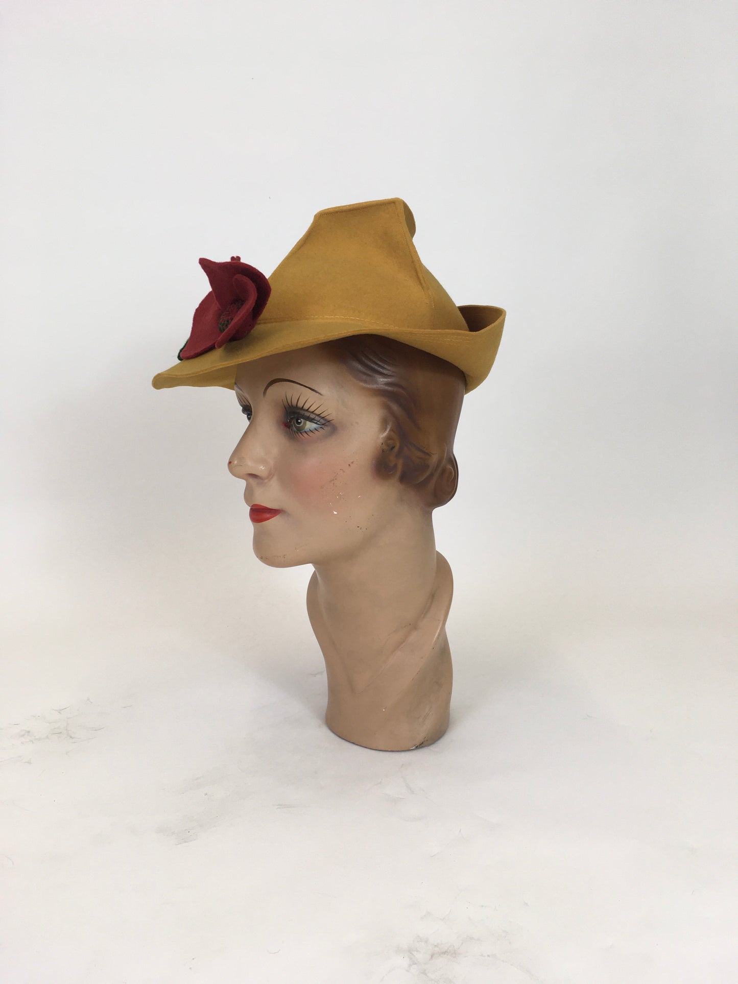 Original 1940's Sensational Fedora - In Mustard With Red And Green Florals