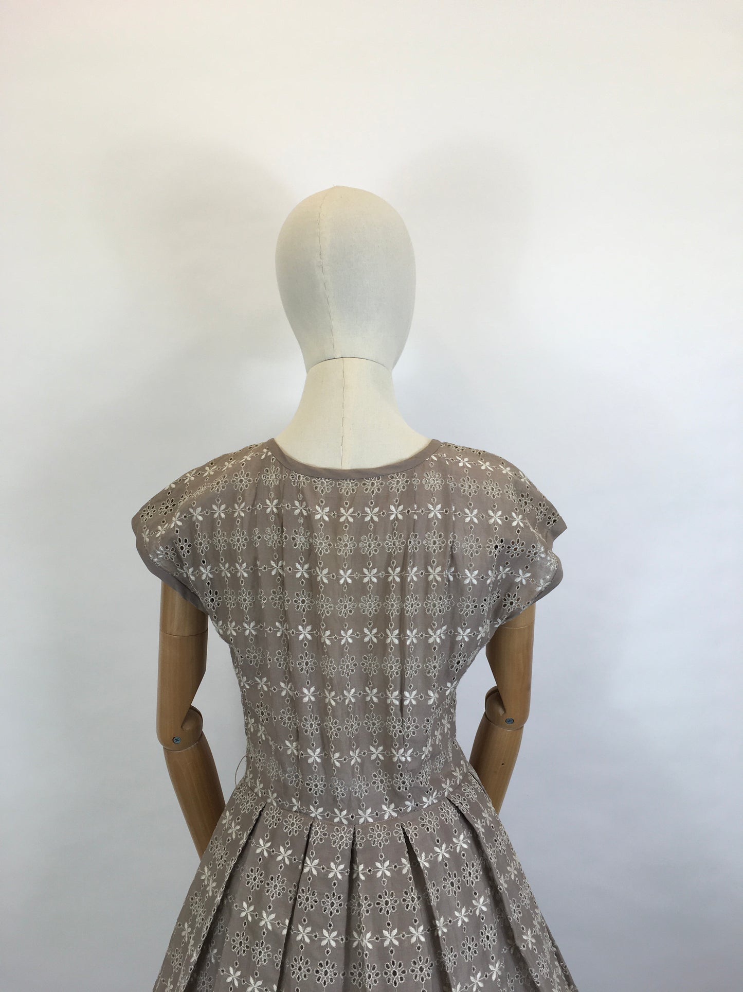 Original 1950’s Darling Broderie Anglaise Cotton Day Dress - In a Soft Fawn with White Accents