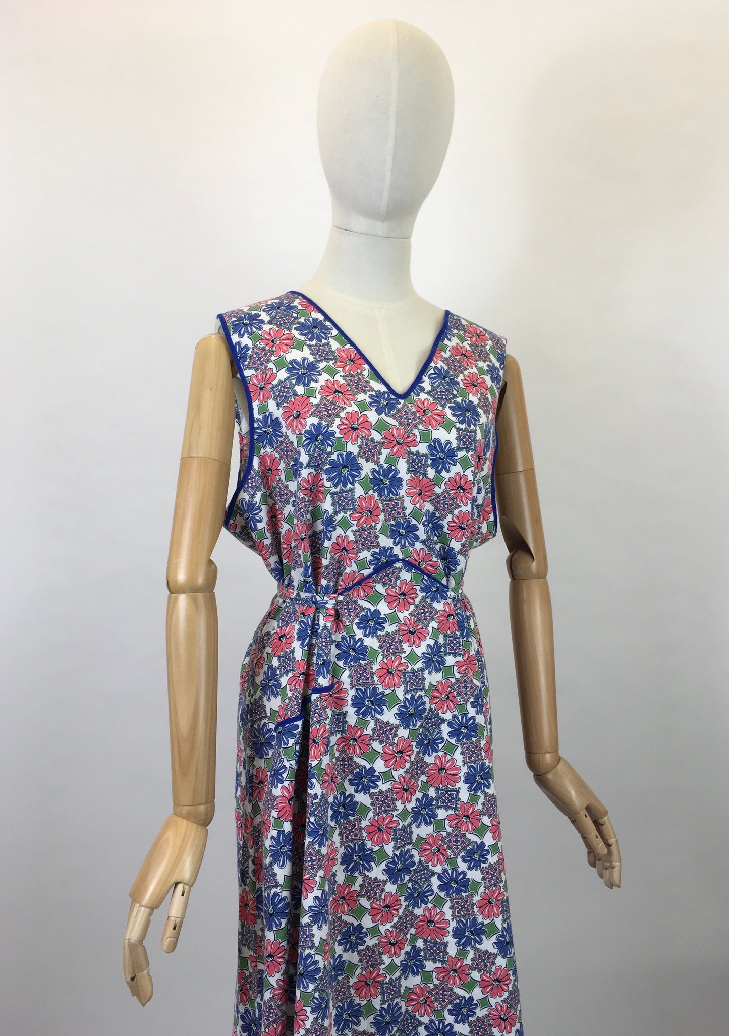 Original 1940’s Beautiful Floral Cotton Full Pinny - In Blues, Soft Pinks and Greens