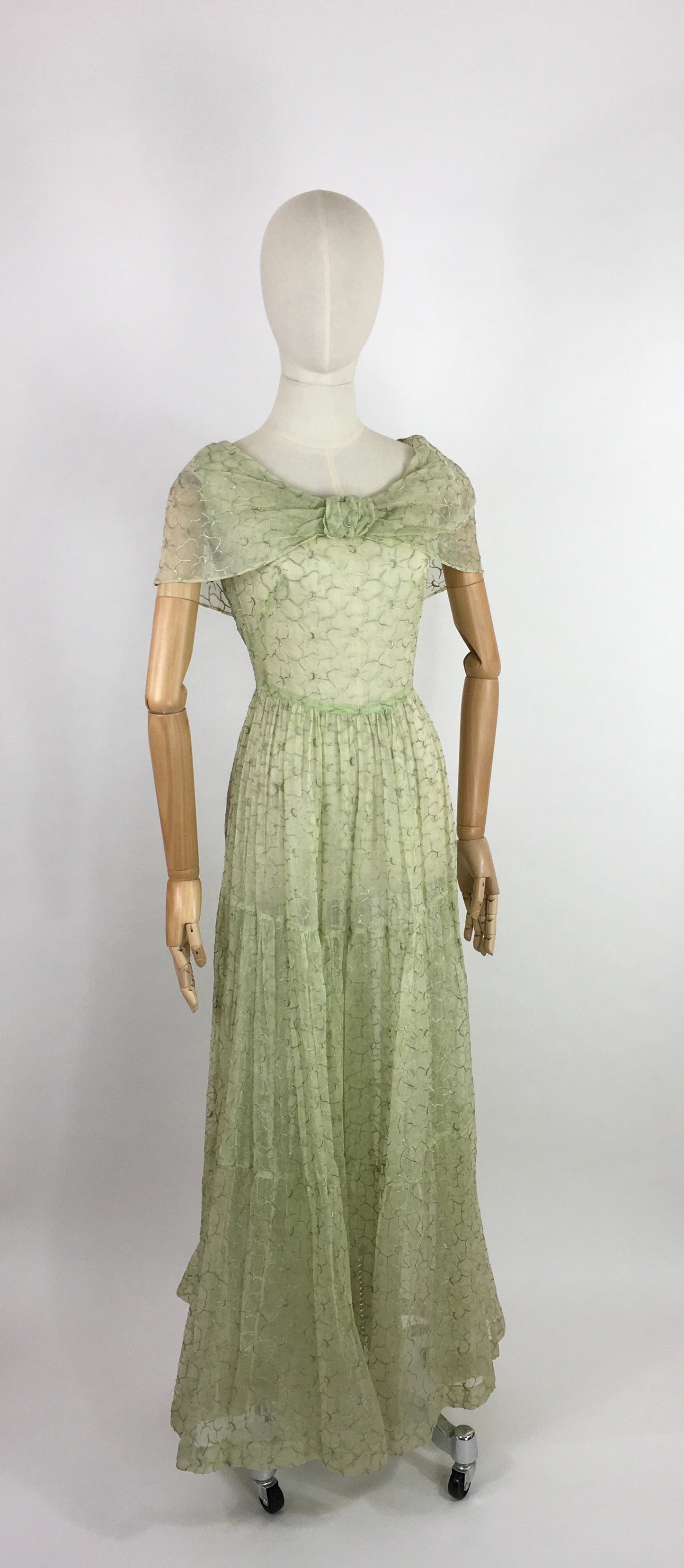 Original 1930s Full Length Summer Dress - In a Beautiful Soft Green Embroidered Cotton Lawn