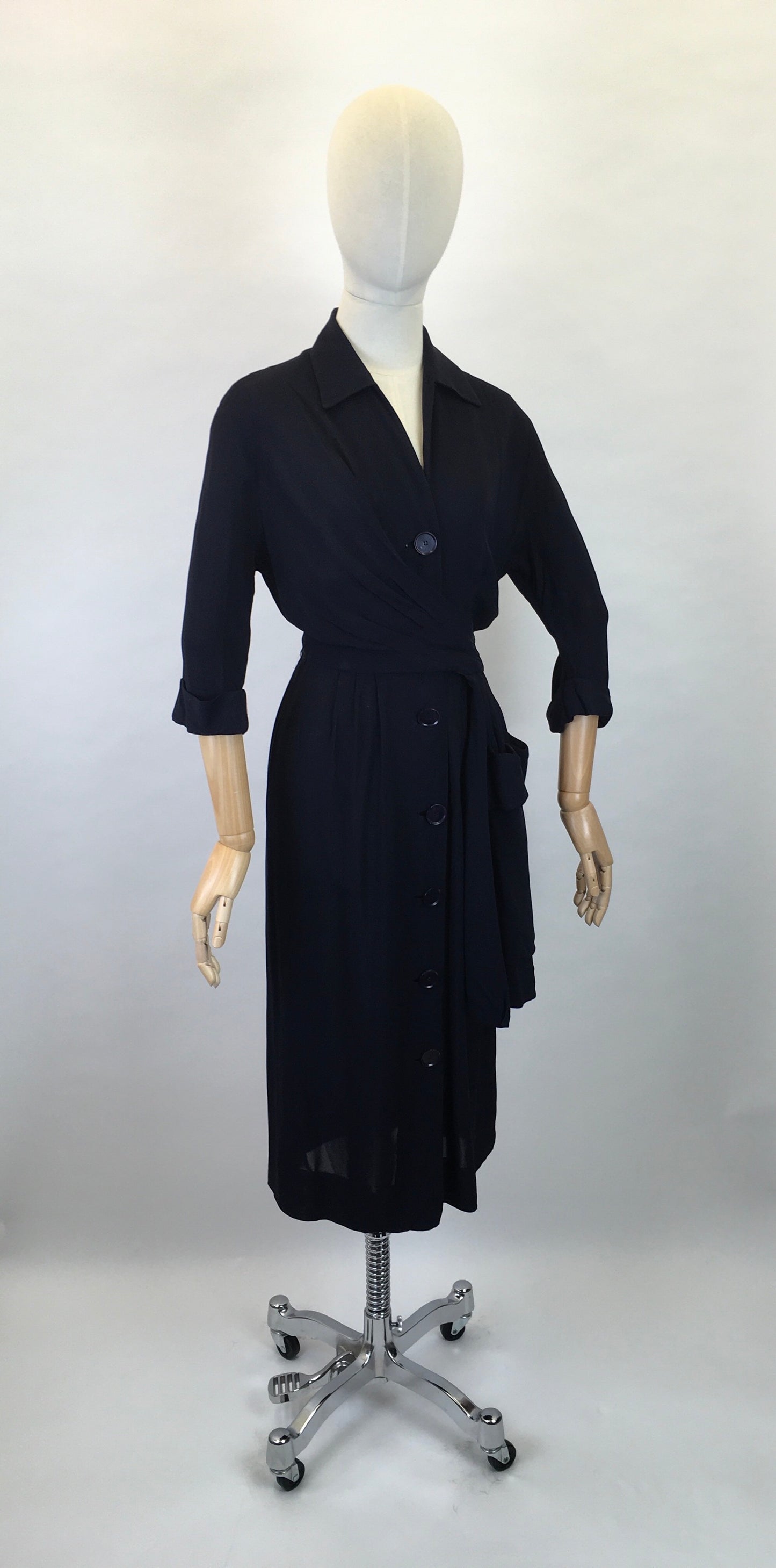 Original 1940s Stunning ‘ Herbert Stonheim ‘ Couture Dress - In a Navy Sheer Rayon with Wrap Hip Swag and Pocket