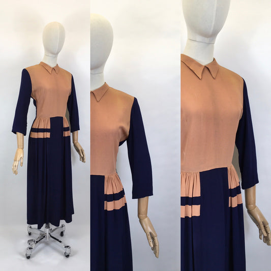 Original 1940’s SENSATIONAL Rayon Crepe Colour Block Dress - In Navy Blue and Soft Cinnamon