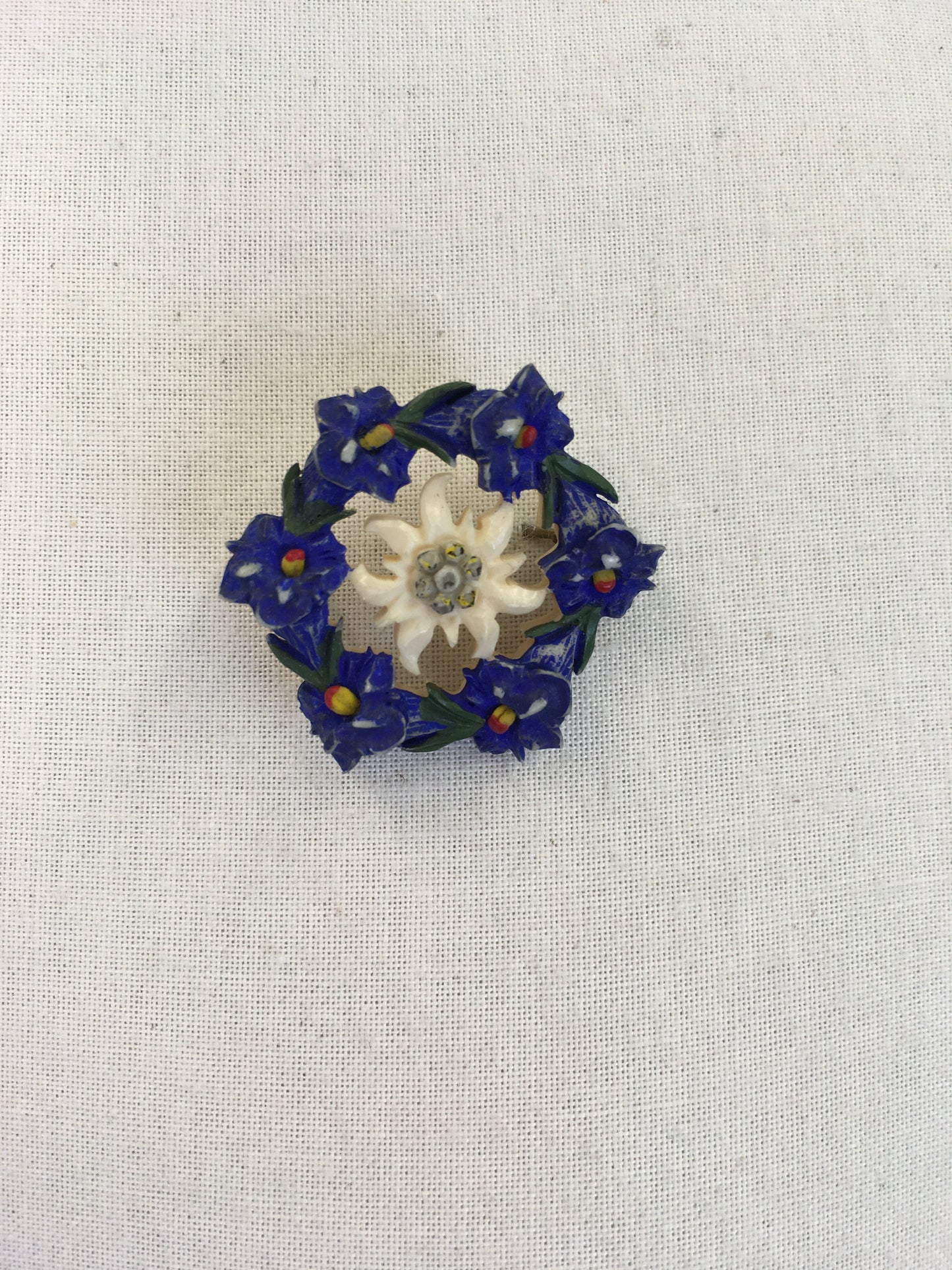 Original 1940s Celluloid Edelweiss Brooch in a Floral Garland - In a Lovely Colour Pallet