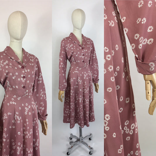 Original 1940s VOLUP Day Dress - In A Beautiful Dusky Rose Rayon with White Daisies