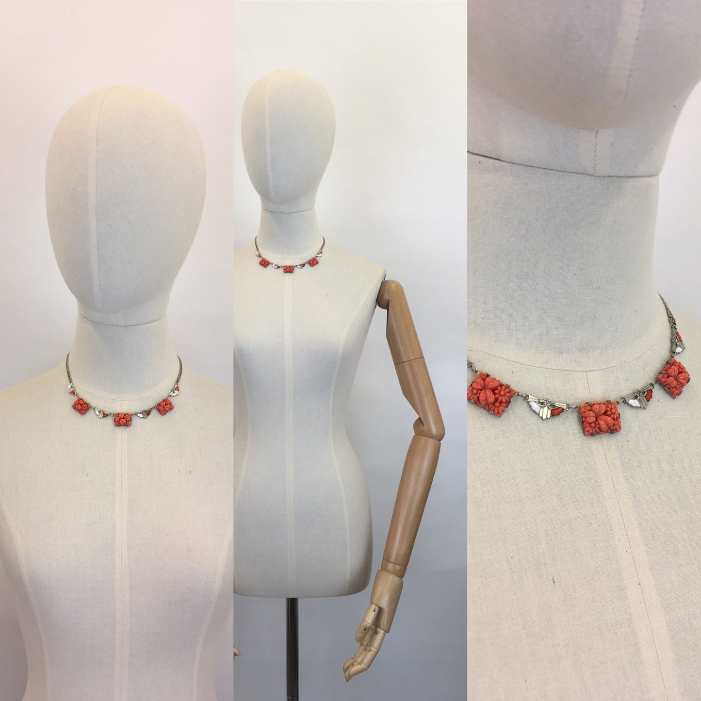 Original 1930s Coral Pressed Glass & Enamel Necklace - With Intricate Deco Detailing