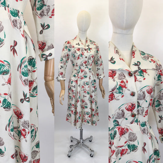 Original 1940’s STUNNING Moygoshal Linen Novelty Print Dress - Featuring Ballerinas and Bows