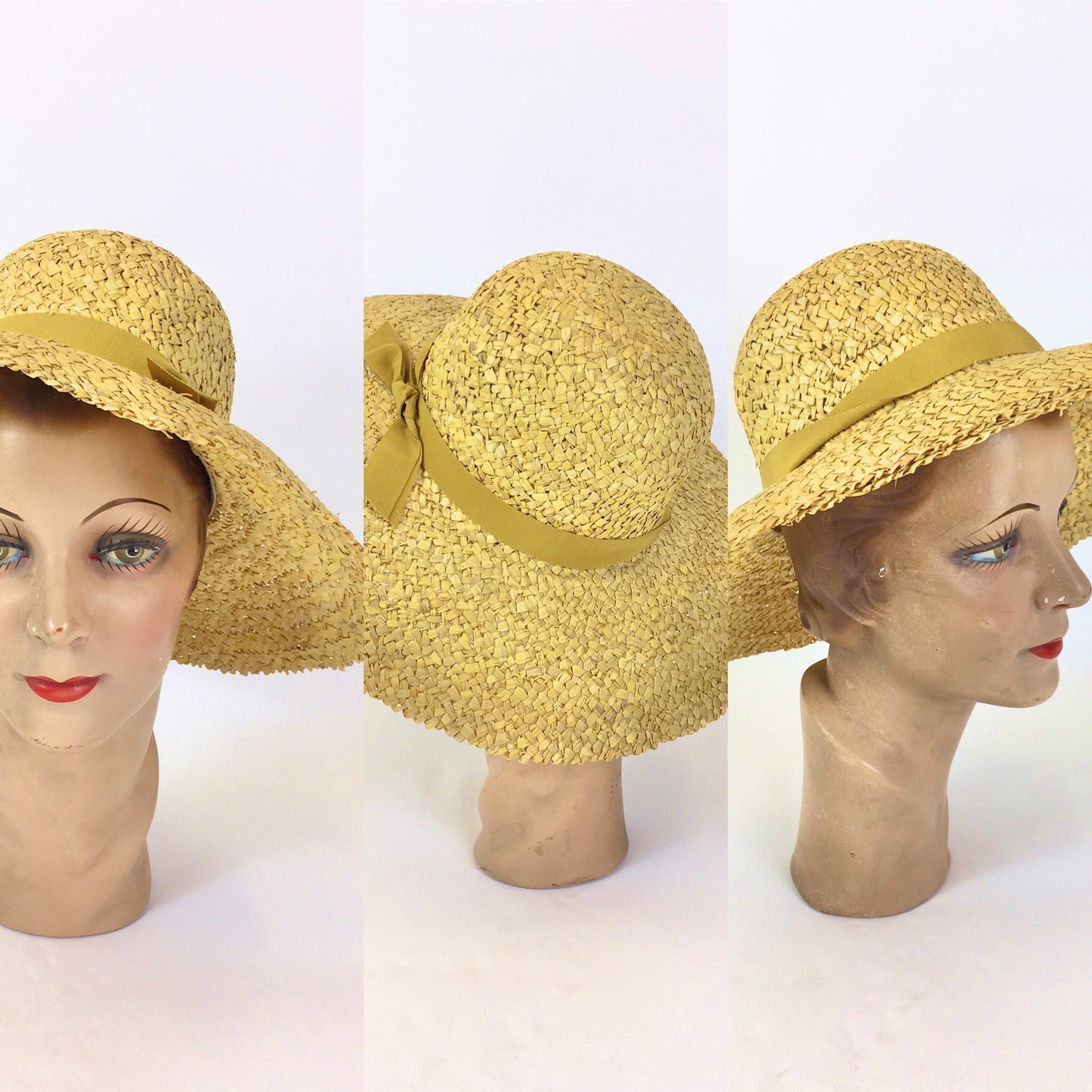 Original Early 1930’s Sensational Raffia Straw Hat - In Sunshine Yellow With Ribbon Trimming