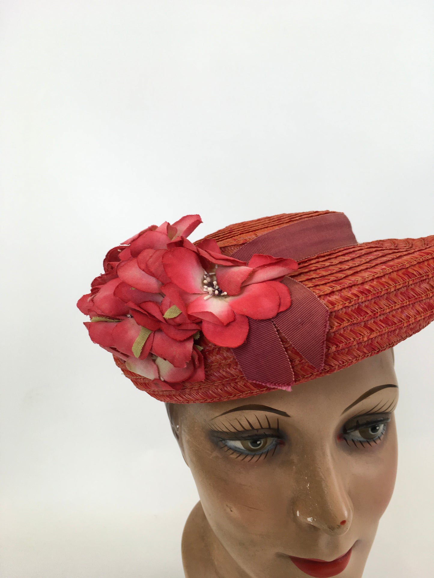 Original 1940’s Darling Straw Hat - In Coral & Red Adorned with Millinery Flora