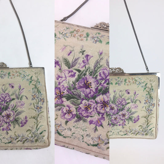 Original 1950’s Floral Tapestry Handbag - By ‘ Harrods’ in Violets, Lilacs and Greens