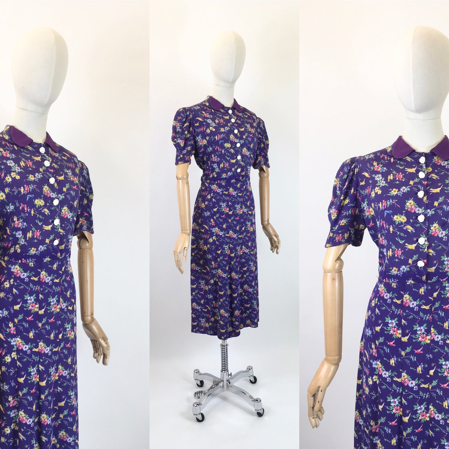 Original 1940s AS IS Novelty Print Crepe Dress - With Birds And Flowers in Rainbow colours