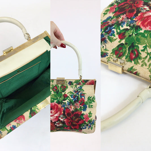 Original 1950’s Fabulous Floral Handbag - With Gold Metalwork Frame and Cream Handle