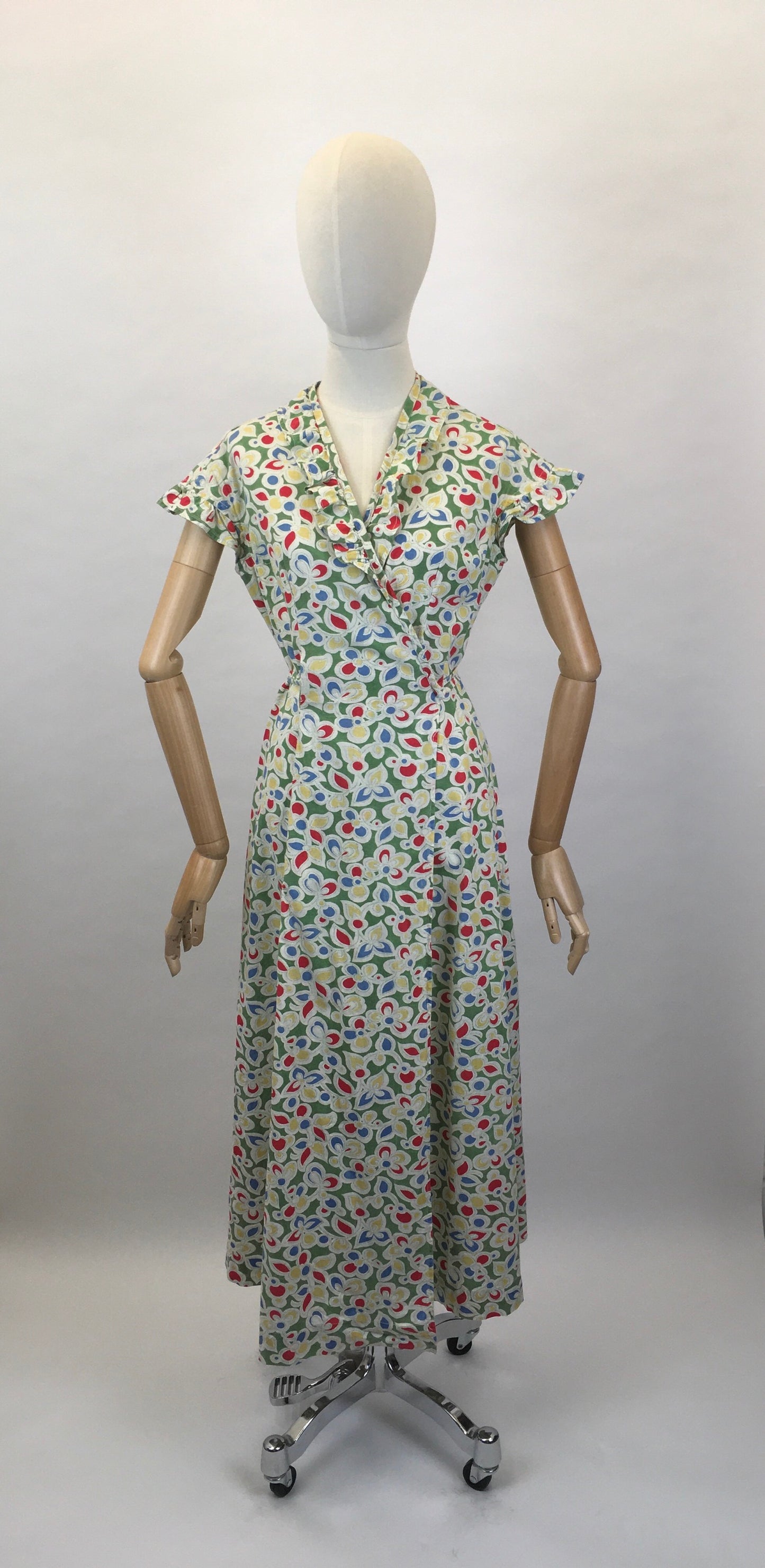 Original Late 1930s Early 1940’s Wrap Dress - In A Beautiful Colour Palette of Deco Green, Yellow, Red and Blue