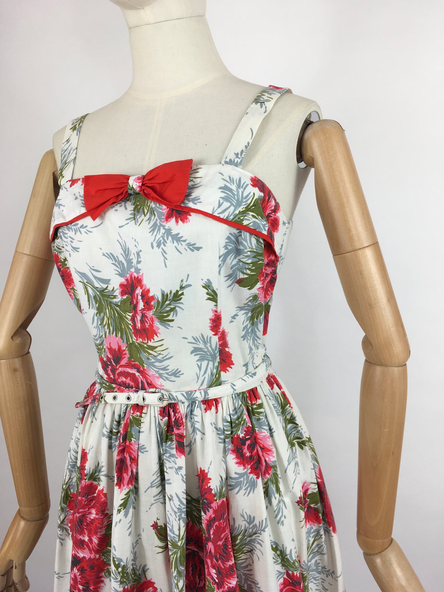 Original 1950s Floral Sun Dress with Contrast Bow and Piping - Beautiful Carnation Print Cotton in Bright Reds, Corals and Greens