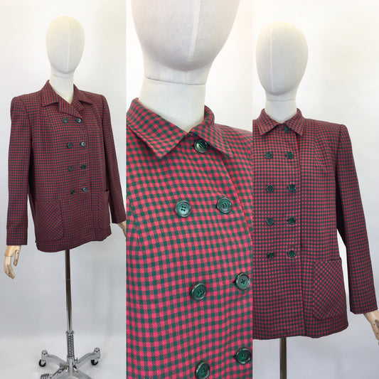 Original 1940’s American Double Breasted Jacket - In A Lovely Red & Green Check Suiting Cloth