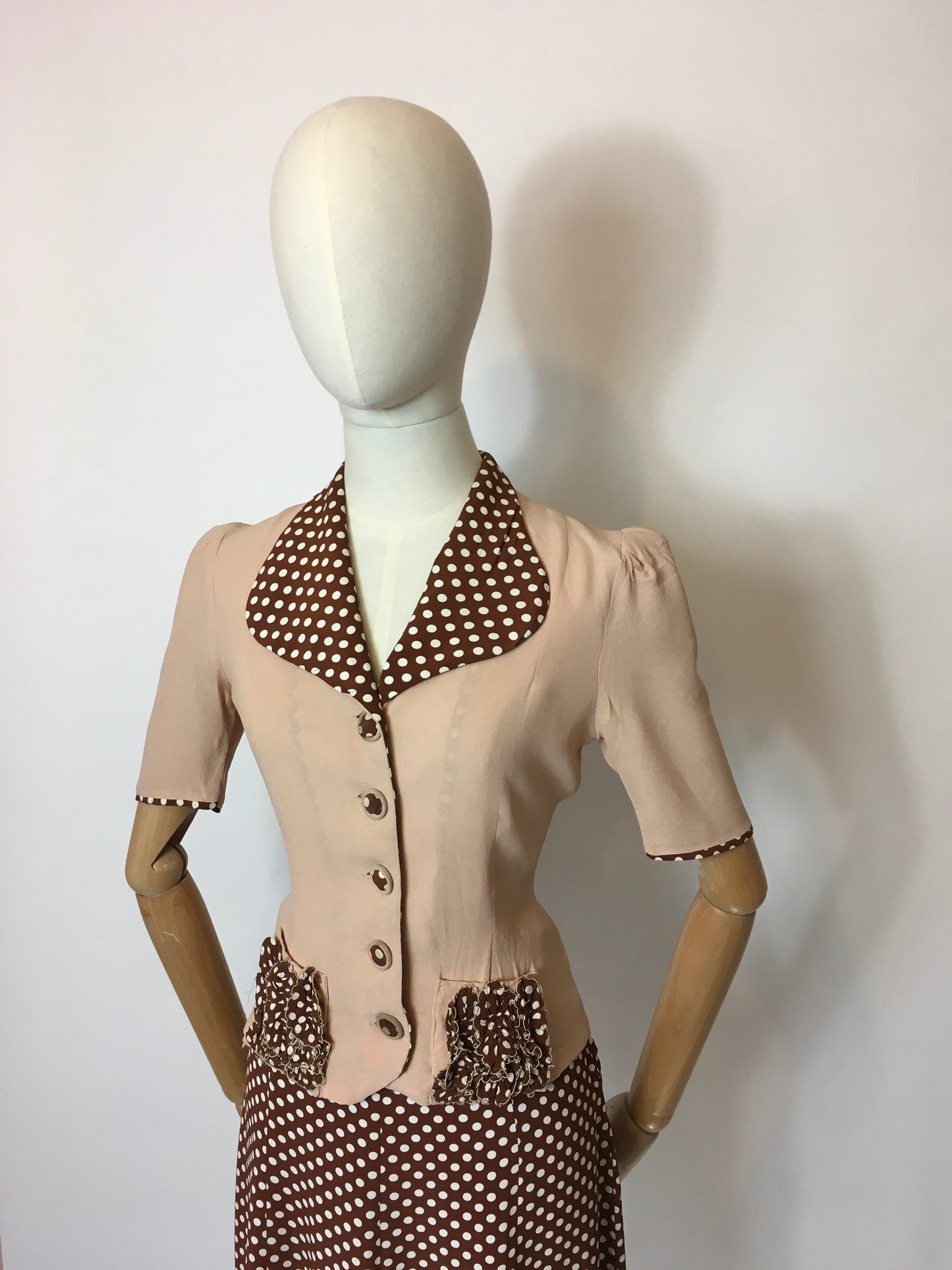 Original 1940’s Darling 2 pc Crepe Suit - In the Most Beautiful Contrast Blush Pink & Brown Polka Dot Crepe