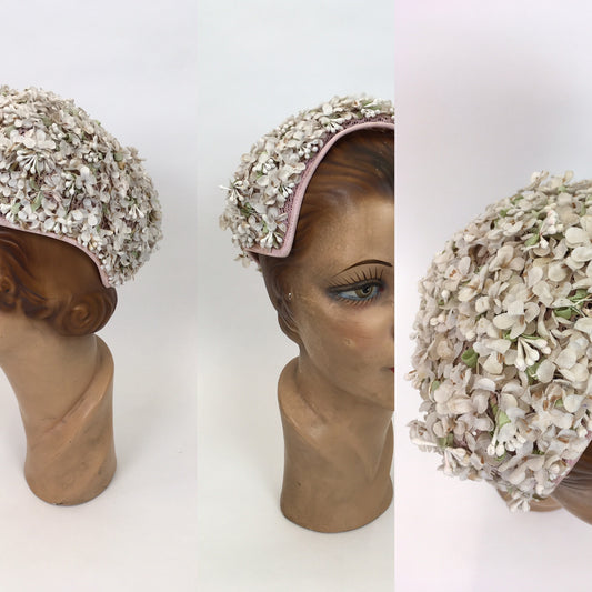 Original 1950s Darling ‘ Marten’ Hat - Made in A Dusky Pink with Ivory Florals and Soft Green Leaves