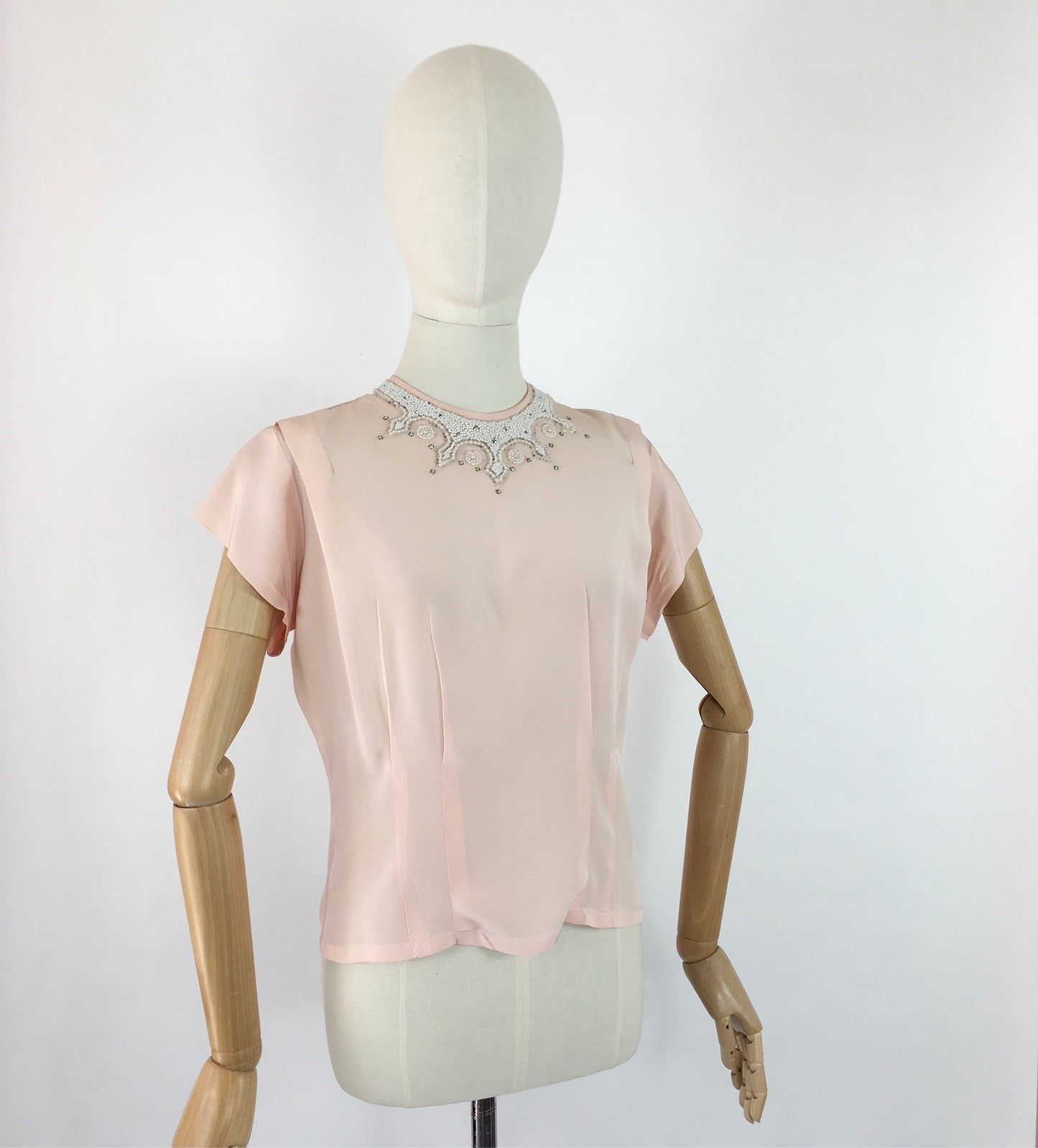 Original 1940s Soft Pink Blouse - With Beautiful Beaded Yoke Detailing