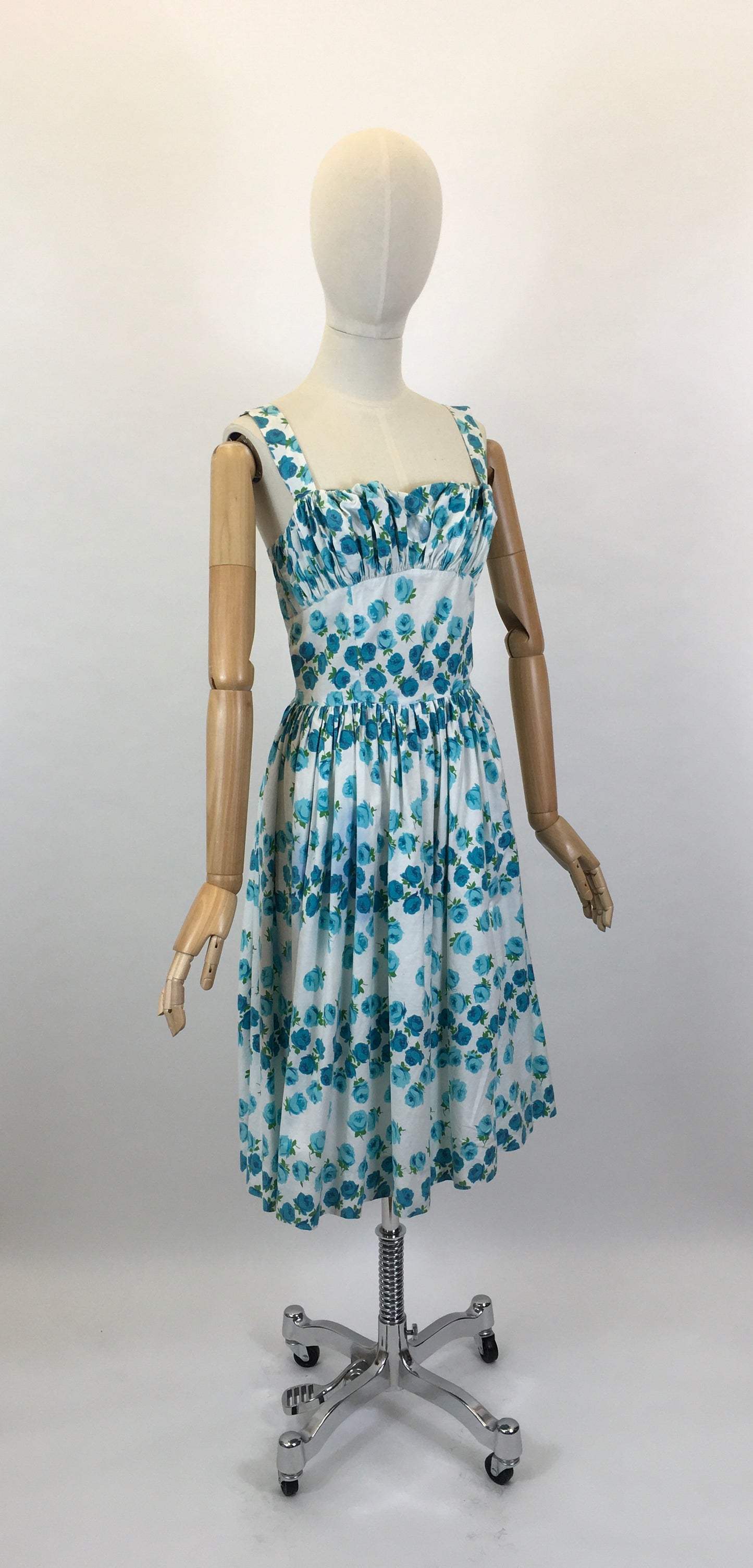 Original 1950’s Gorgeous Sun Dress - In A Beautiful Blue Rose Print Cotton