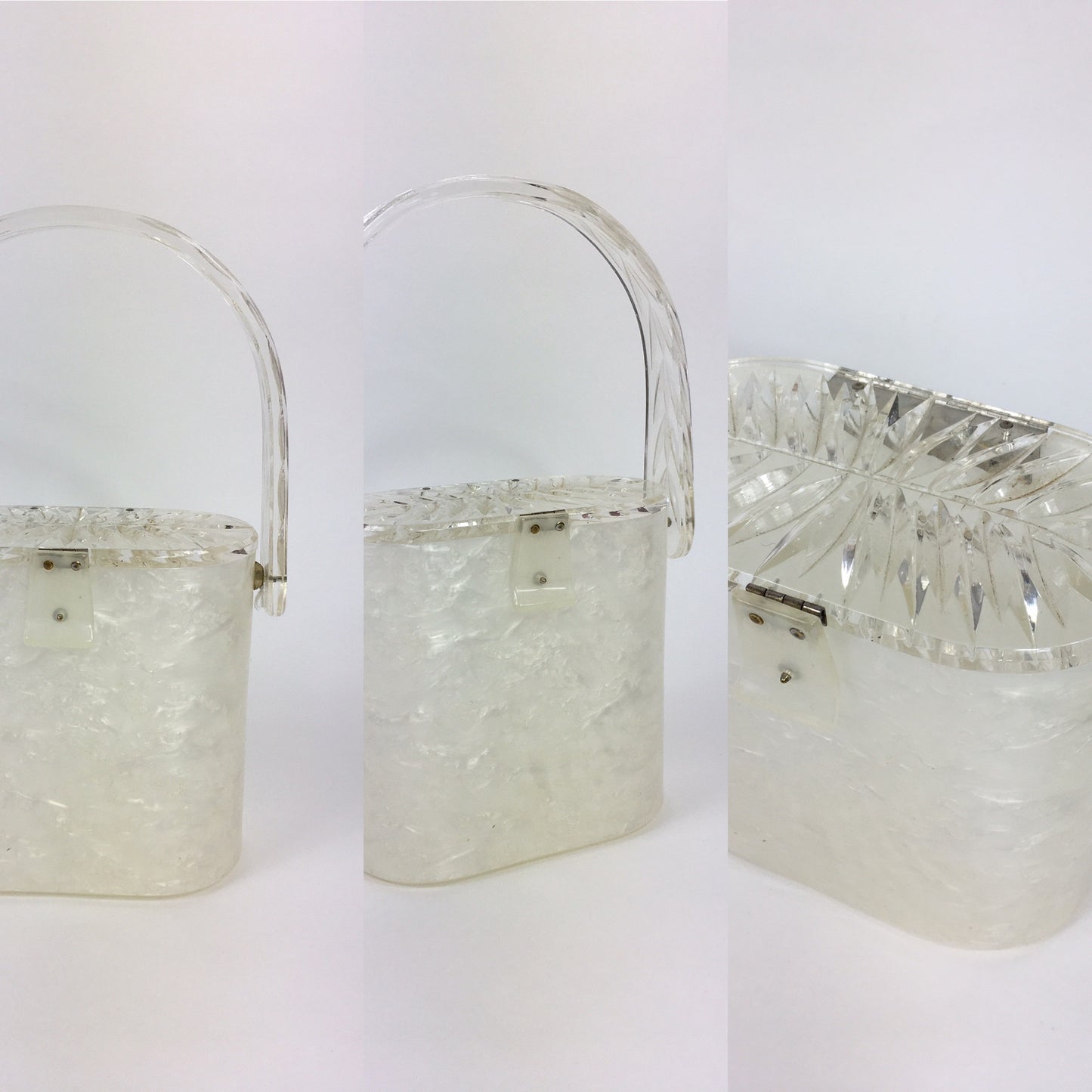 Original 1950s Lucite Handbag - White Marbled Base and Clear Leaf Design Lucite Lid and Handle