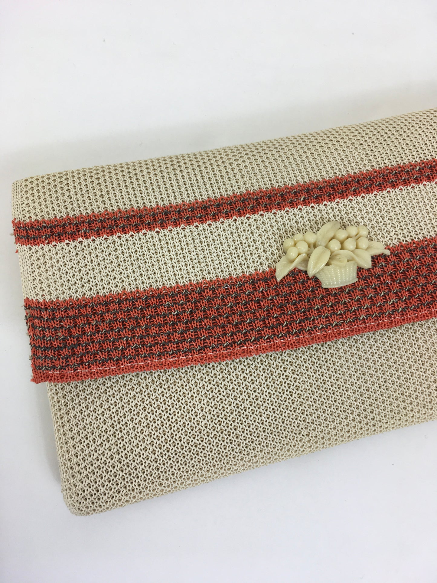 Original 1930's Sensational Fabric Clutch Bag in Orange & Cream - With Celluloid Floral Basket Adornment