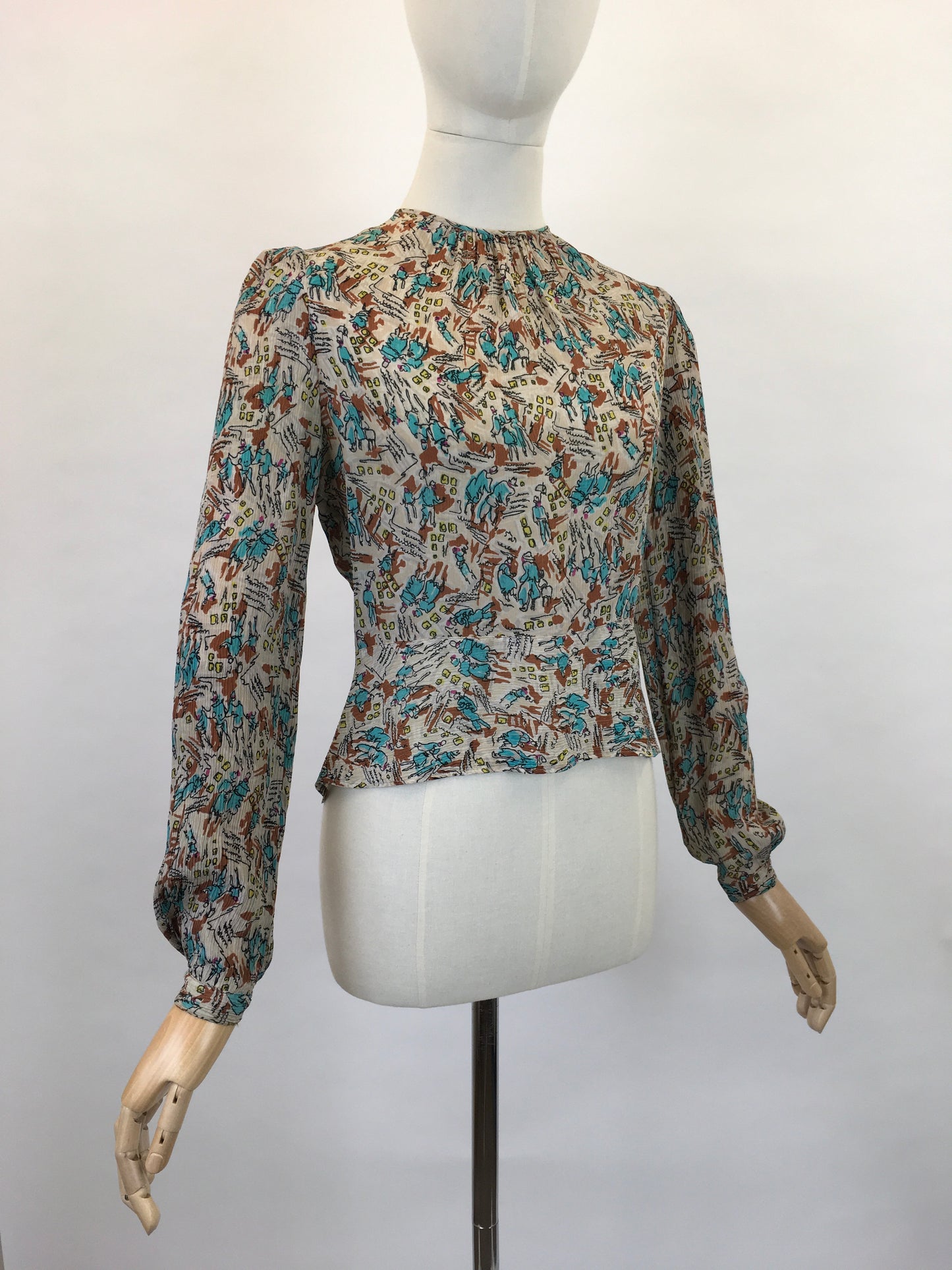 Original 1940’s ‘ Maxton’ Novelty Print Crepe Blouse - Featuring People, Buildings and Scribbles